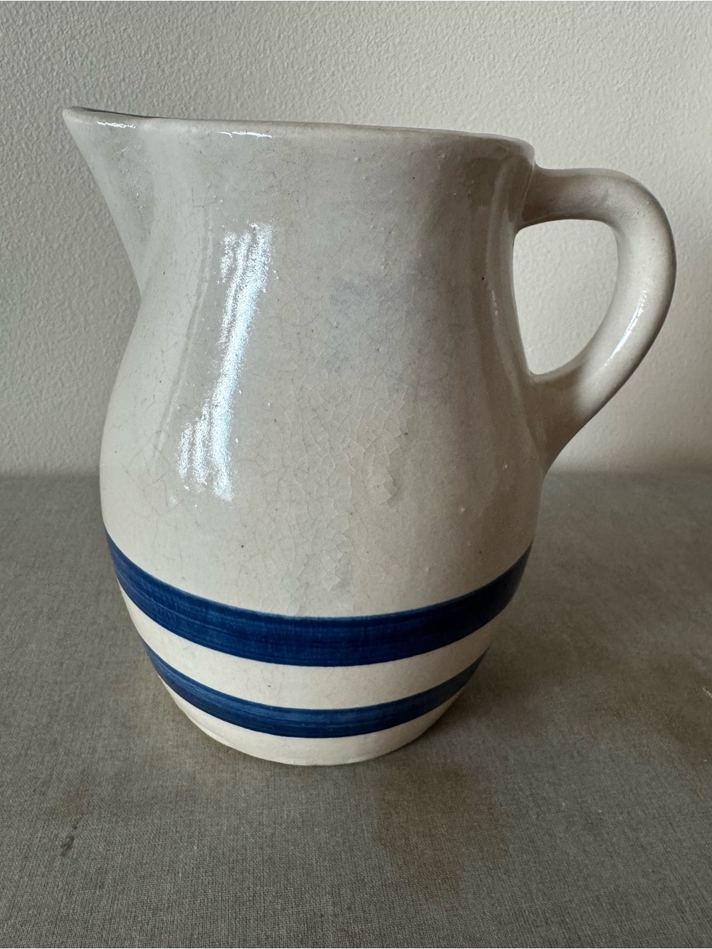 Vintage Cream Ceramic Pitcher with Blue Stripes